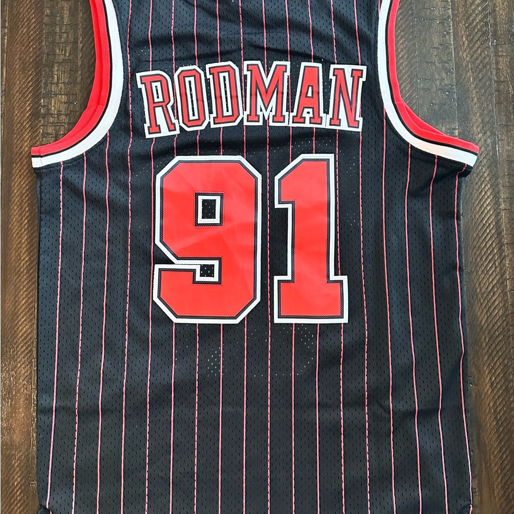 Mitchell & Ness Bulls Black and Red Pinstripe Jersey - Rodman - Picture 2 of 2